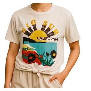 Micas Women's Large White Big Sur Graphic Padded-Shoulder Knot Hem T-Shirt